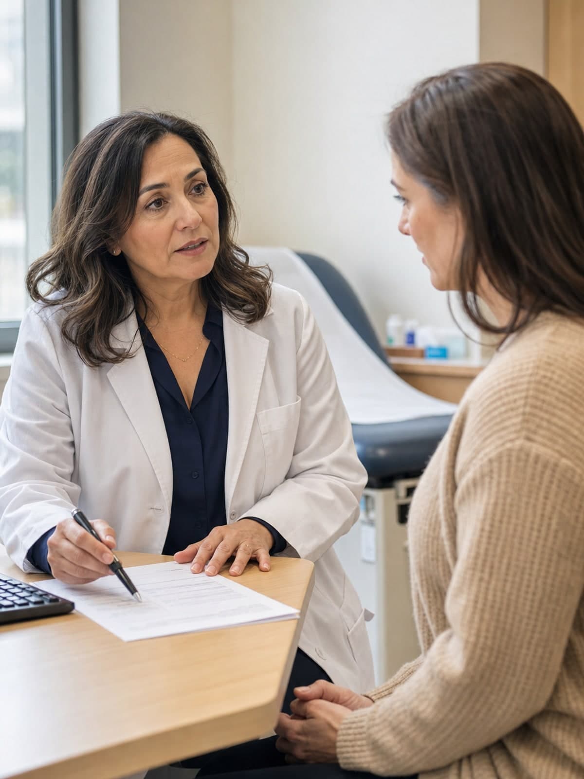 Physician in clinical attire reviewing health history with a patient in a professional medical consultation room