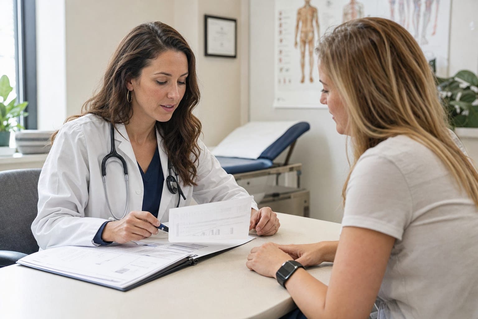 Physician in a white lab coat reviewing medical records with a patient in a professional clinic consultation room